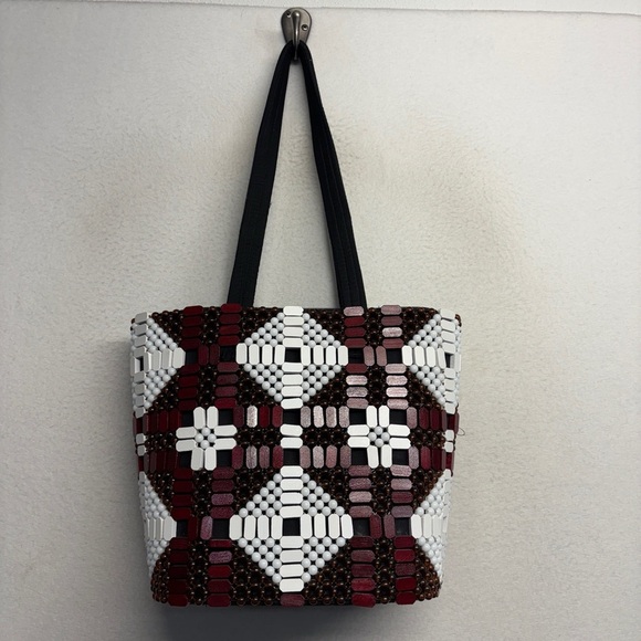 African Beaded Structured Handbag Red White Black - Picture 9 of 11